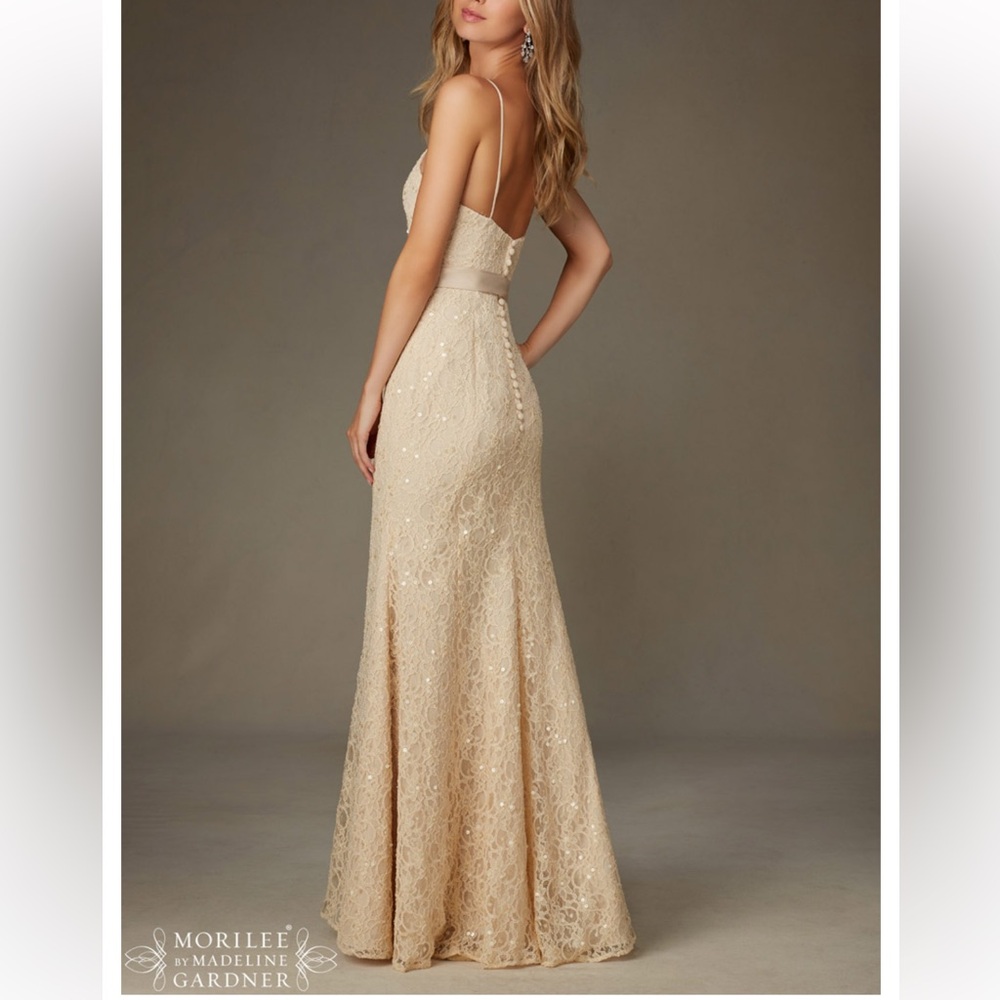 Mori Lee byMadeline‎ Gardner Lace Bridesmaid Dress Champagne NWT sz 12 wedding - Picture 2 of 8